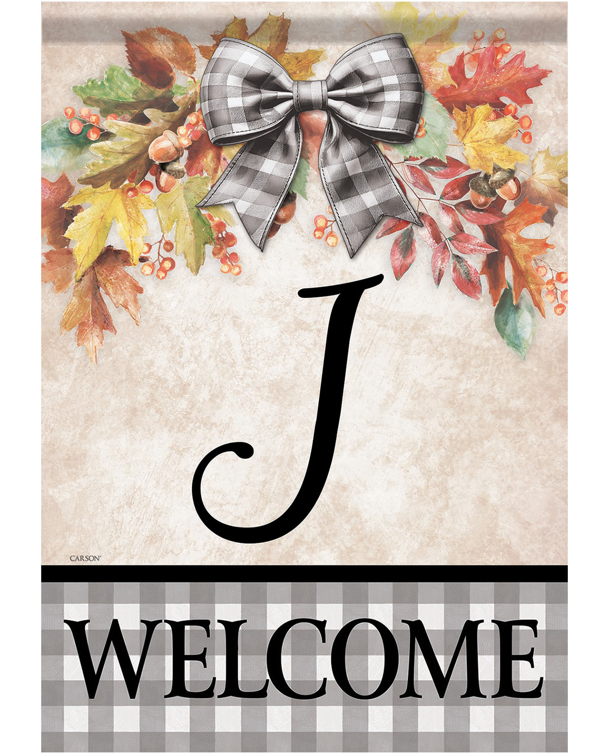 A fall-themed welcome garden flag featuring a large black script letter 'J' on a beige background, surrounded by colorful autumn leaves, acorns, and a gray-and-white gingham bow. The bottom section has a black and gray gingham border with the word 'WELCOME' in bold black letters.