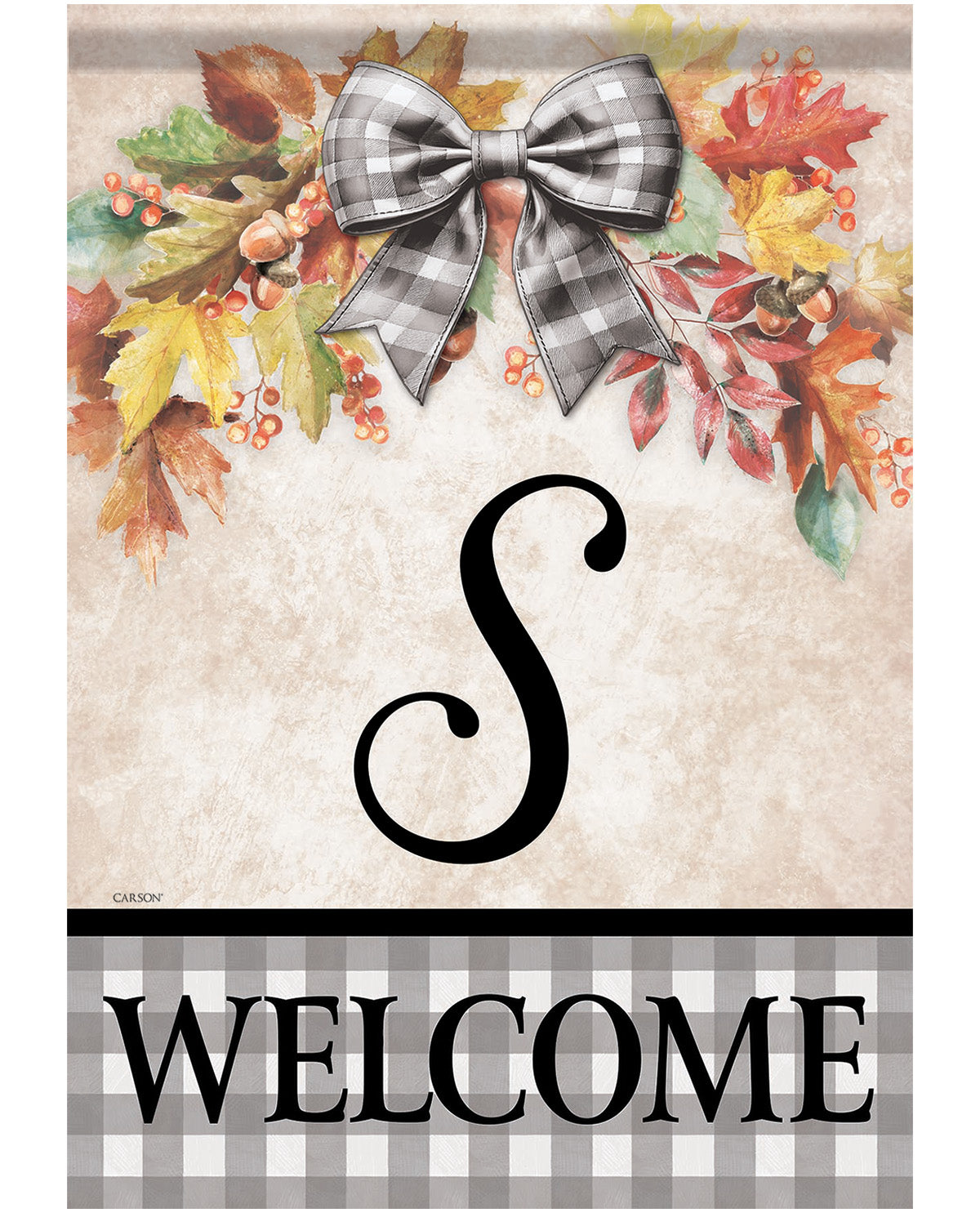 A decorative autumn-themed welcome sign with a faux-fur bow, colorful fall leaves, berries, and acorns at the top, a large black script letter S in the center, and the word WELCOME in black letters on a gray-and-white gingham band at the bottom.