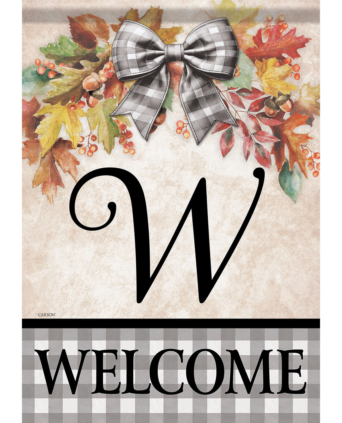 A decorative fall-themed welcome garden flag with a large black letter W, a gray-and-white plaid bow, autumn leaves, berries, acorns, and a plaid banner reading WELCOME at the bottom.
