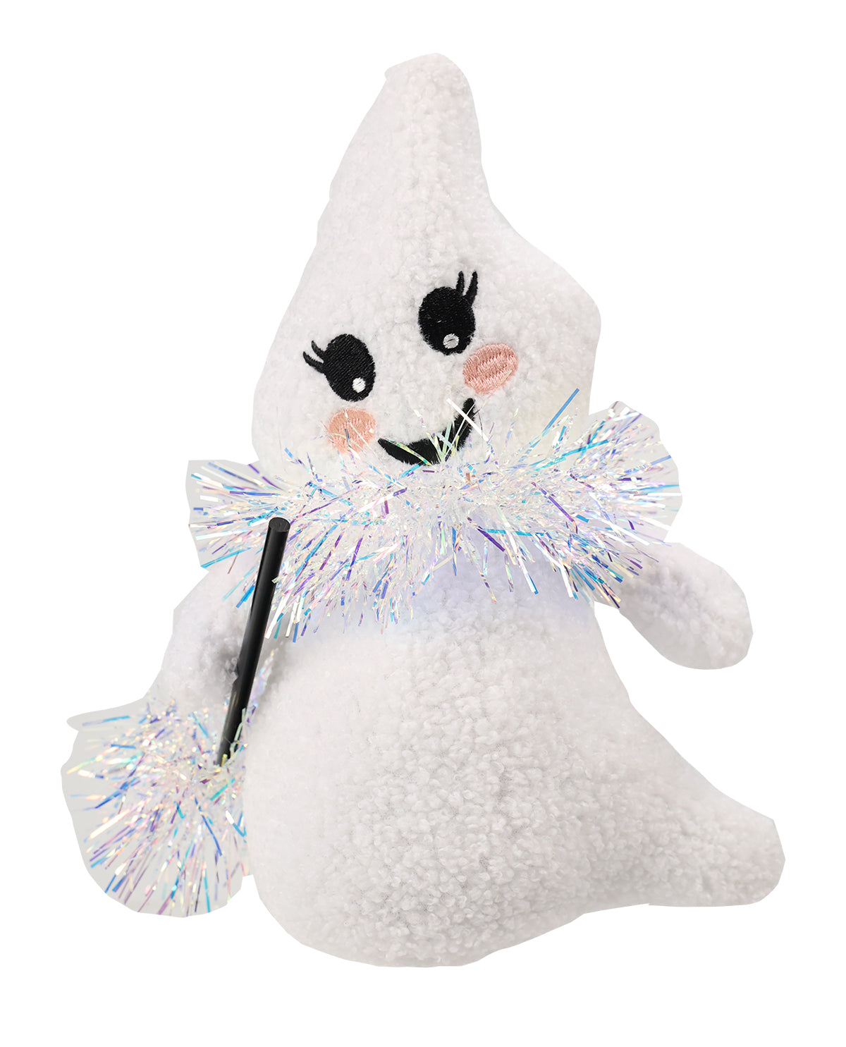 A white plush ghost toy with embroidered black eyes and mouth, pink cheeks, and shiny silver tinsel accessories around its neck and in one hand, shown on a plain white background.