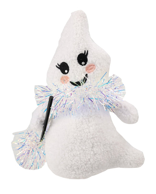 A white plush ghost toy with embroidered black eyes and mouth, pink cheeks, and shiny silver tinsel accessories around its neck and in one hand, shown on a plain white background.