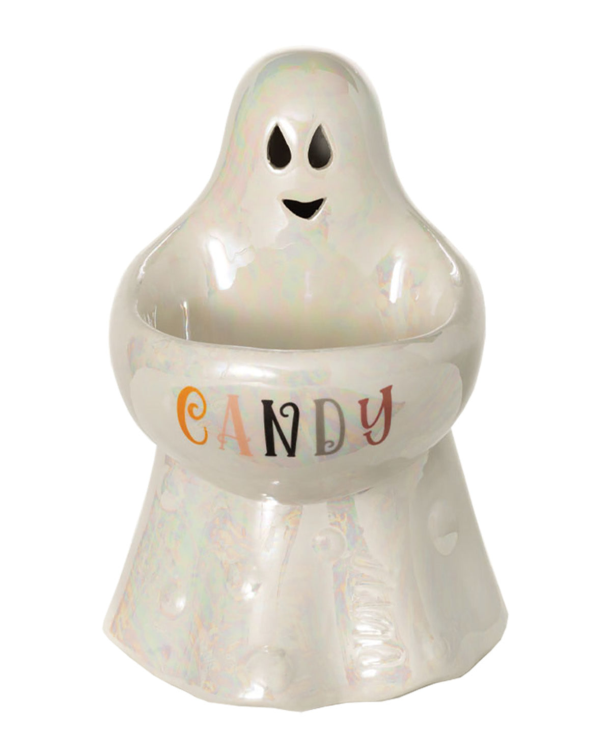 A ghost-shaped ceramic candy dish with a glossy white finish and an iridescent sheen. The word 'CANDY' is printed across the waist in orange, black, and gray letters, with the eyes and mouth cutouts on the head.