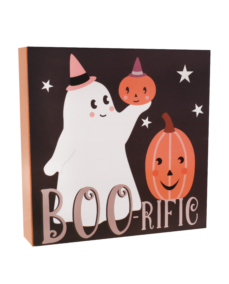 A square Halloween-themed decorative sign with a dark brown face, featuring a white ghost wearing a pink hat, an orange jack-o'-lantern, a smaller pumpkin, white stars, and the word 'BOO-RIFIC' in large stylized letters.