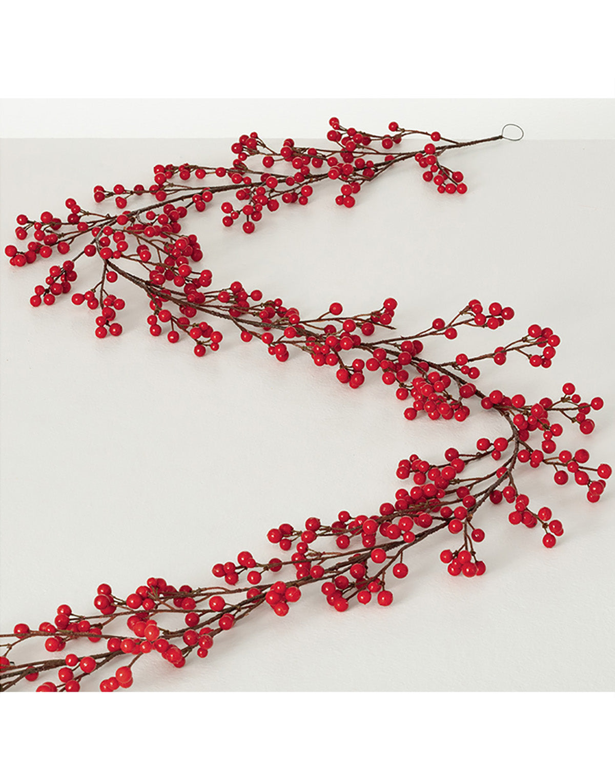 Red berry garland with brown branches and small glossy red berries, arranged in a curved line on a plain light background.