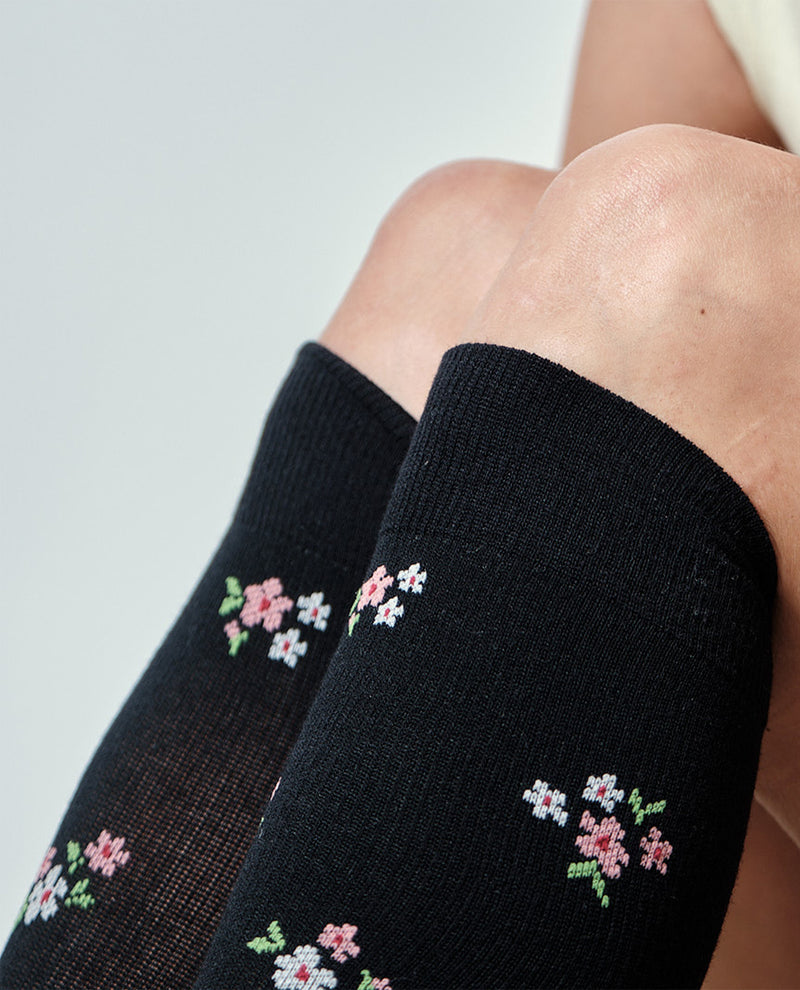 Dr. Motion Ditsy Floral Knee High Compression Socks Black