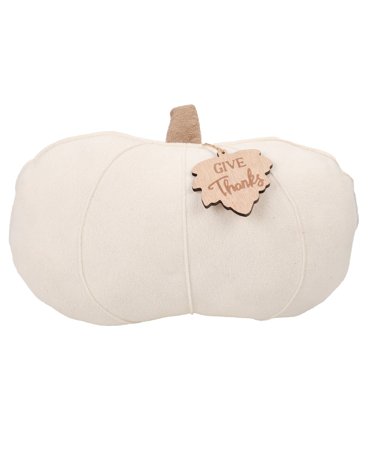 An off-white fabric pumpkin decoration with a tan faux-stem and a hanging wooden tag that reads 'GIVE Thanks'.