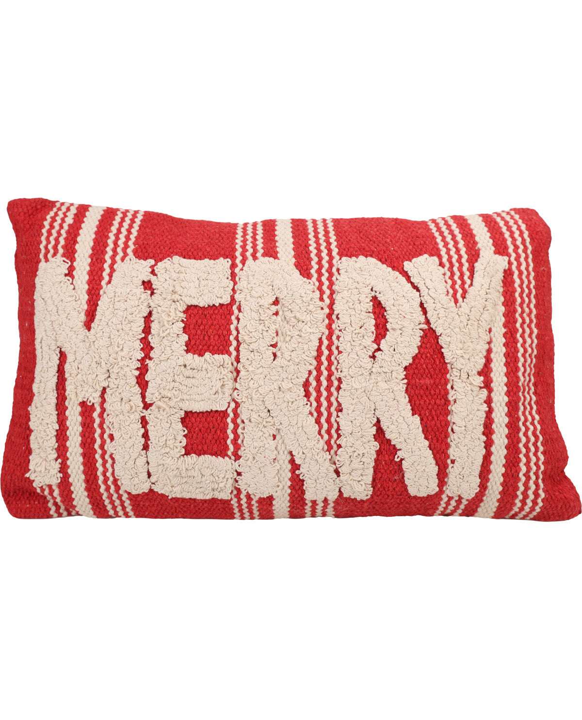 A rectangular red decorative throw pillow with a textured, raised cream 'MERRY' word design and vertical cream stripes, shown against a plain white background.