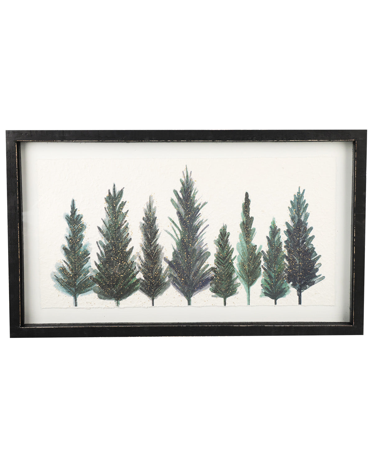Framed wall art featuring a watercolor-style illustration of seven conifer trees in varying shades of green and dark blue-gray on an off-white background, enclosed in a distressed black frame.