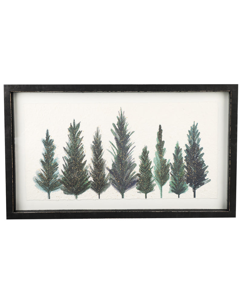 Framed wall art featuring a watercolor-style illustration of seven conifer trees in varying shades of green and dark blue-gray on an off-white background, enclosed in a distressed black frame.