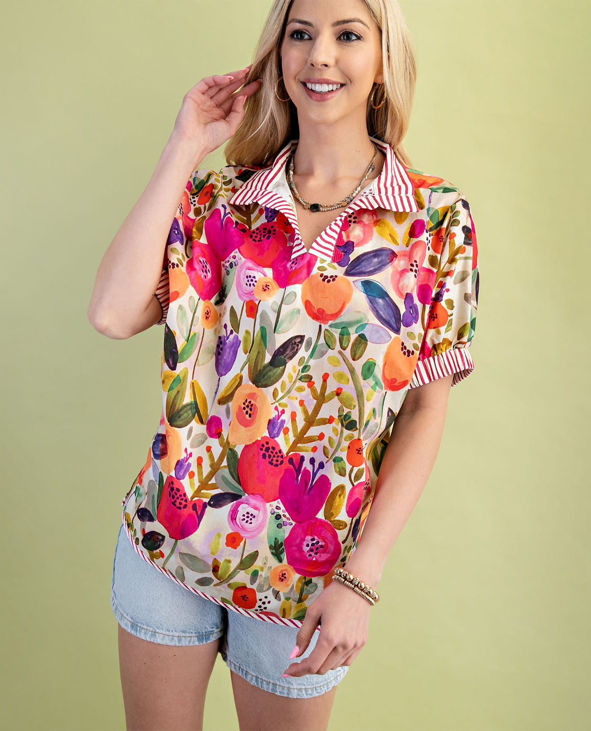 Gigio Plus Floral Top with Contrast Stripe