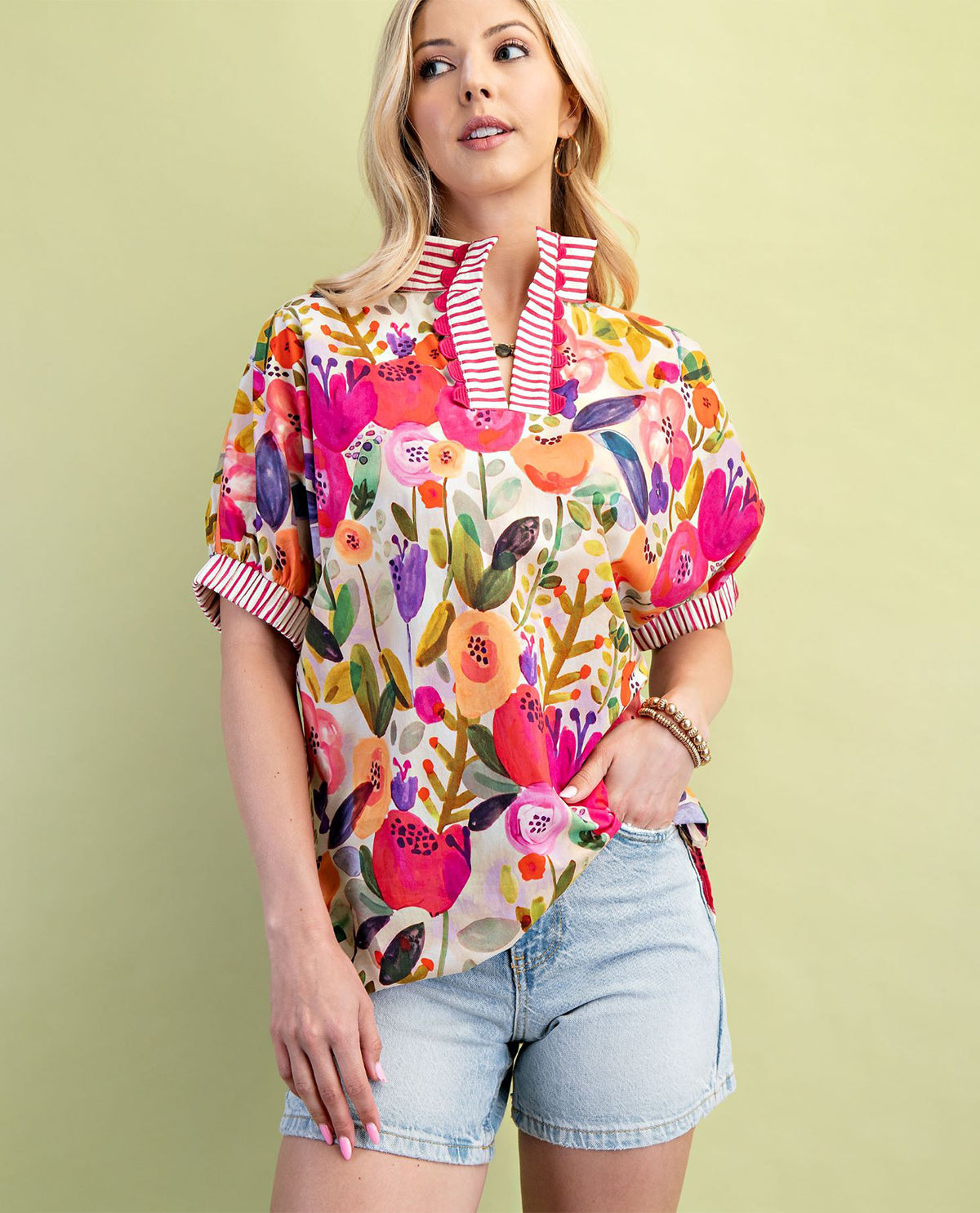 Gigio Plus Floral Top with Contrast Stripe