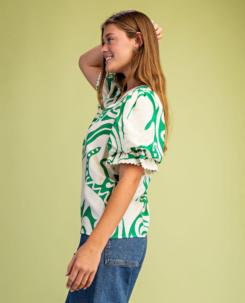 Gigio Plus Print Vneck Puff Sleeve Top