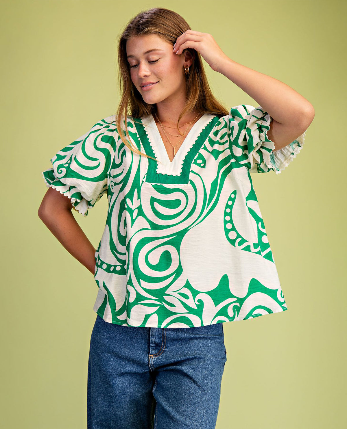 Gigio Print Vneck Puff Sleeve Top
