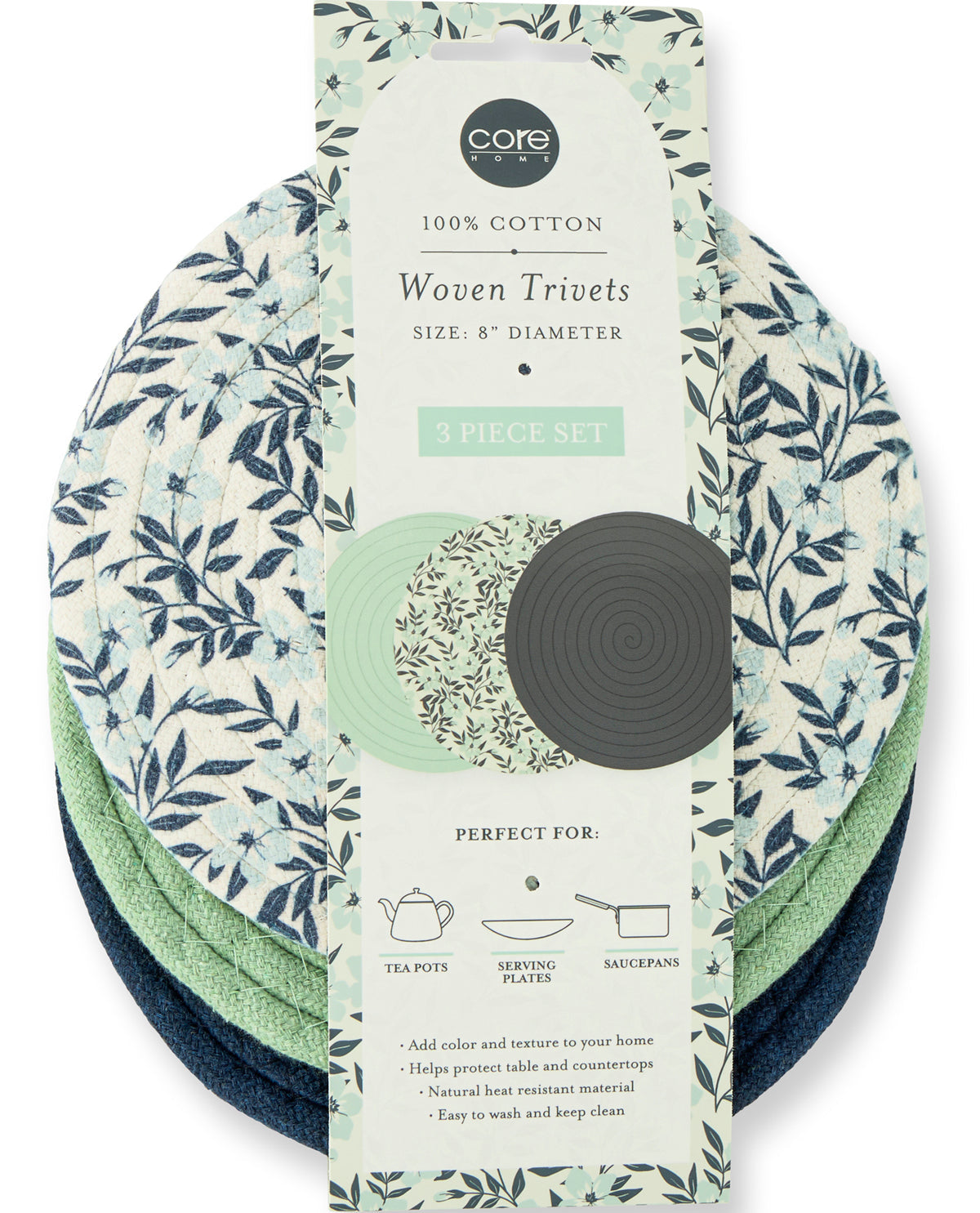 A 3-piece set of Core Design Woven Trievets in a botanical pattern, shown with their retail packaging card on a white background.