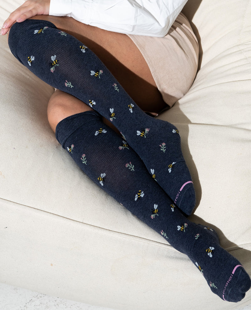Dr. Motion Bees & Flowers Knee High Compression Socks Denim