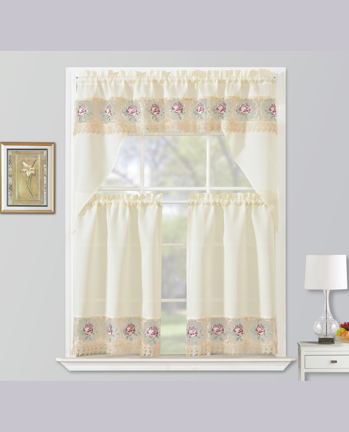 3pc Kitchen Tier & Swag Window Set Rose