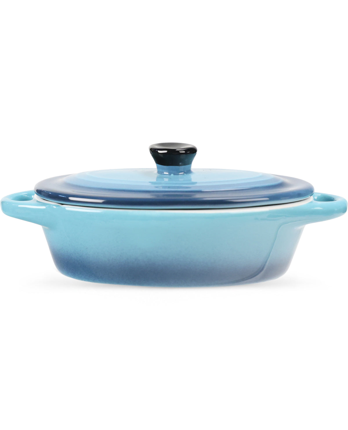 A round ceramic casserole dish with a matching lid, featuring a light blue to dark blue gradient and a small black knob on top, set against a plain white background.