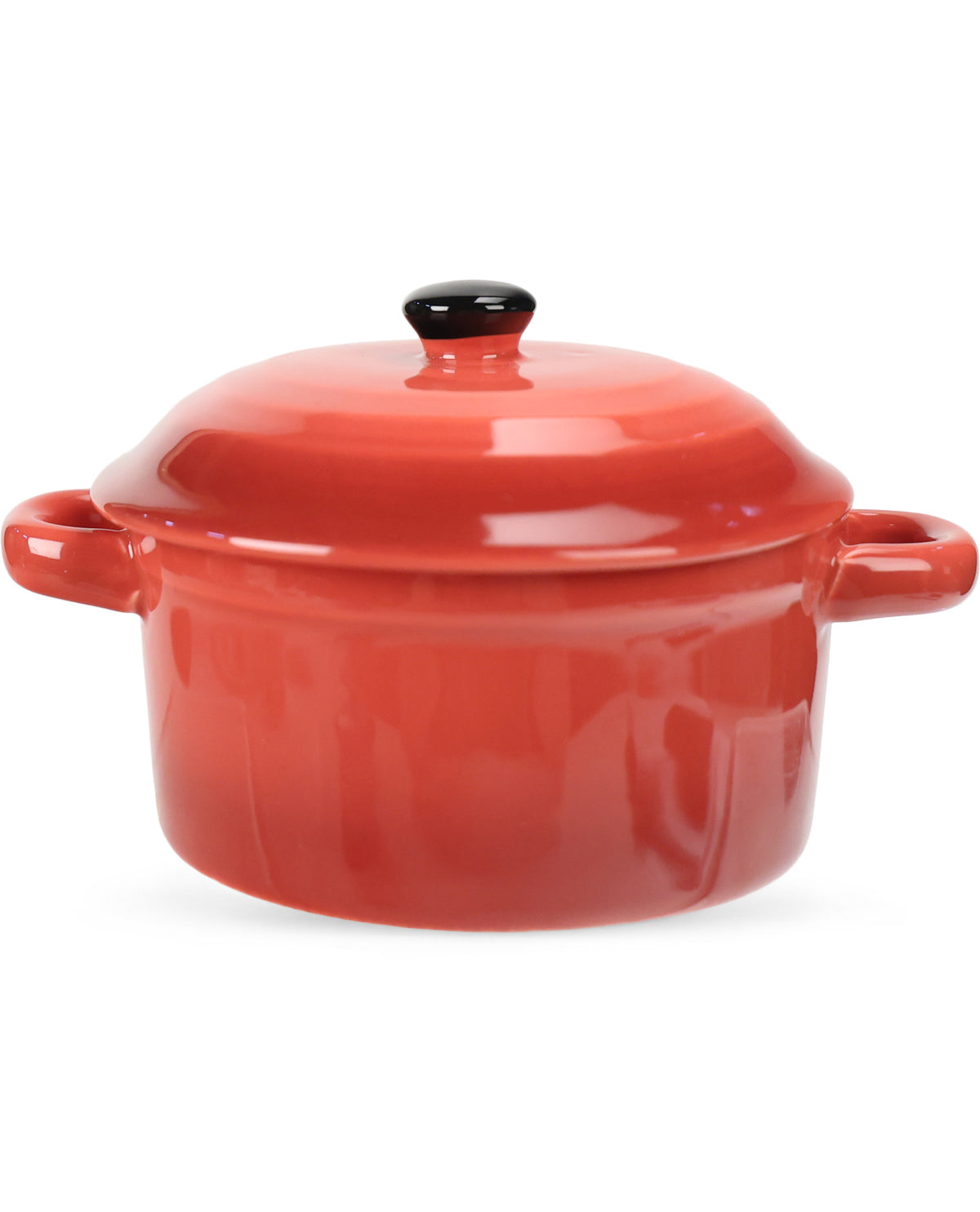A glossy red enameled cast iron pot with a matching lid and side handles, photographed on a clean white background.