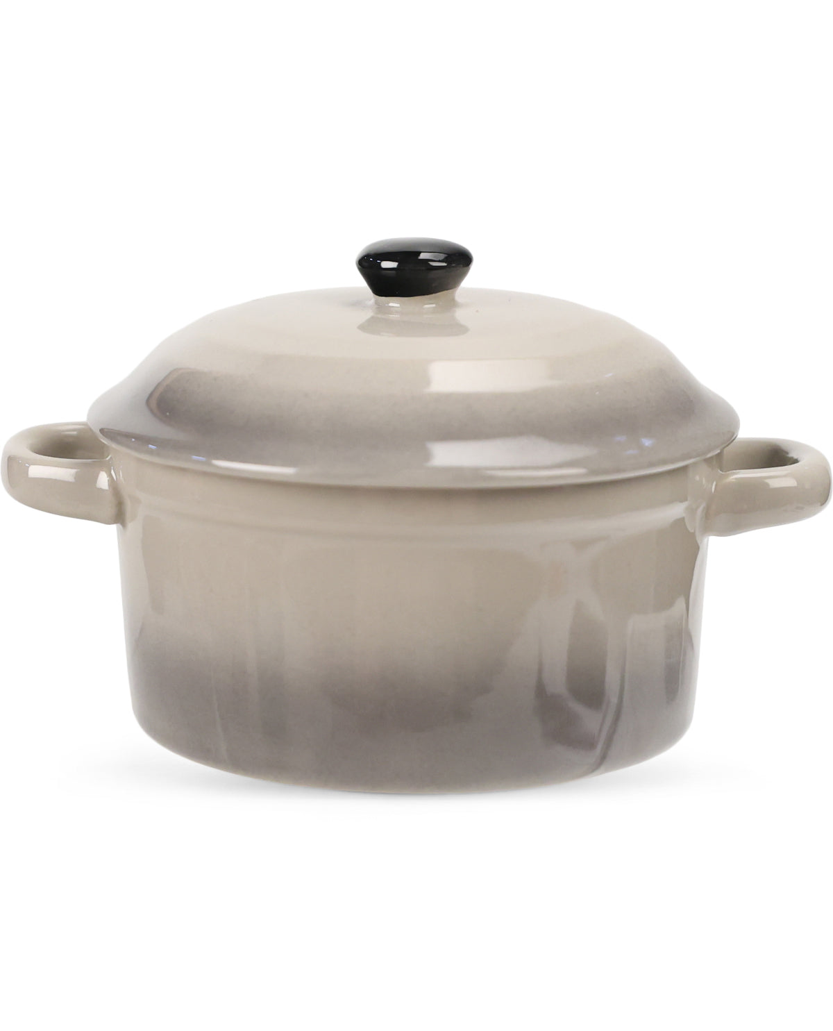 A round ceramic casserole dish with a matching lid, featuring a smooth taupe-to-light-gray gradient glaze and a small black knob on top, set against a plain white background.