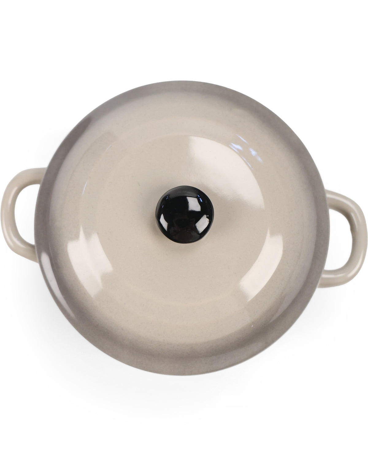 A top-down view of a round ceramic pot or casserole dish with two side handles and a matching lid featuring a black knob, set against a plain white background.