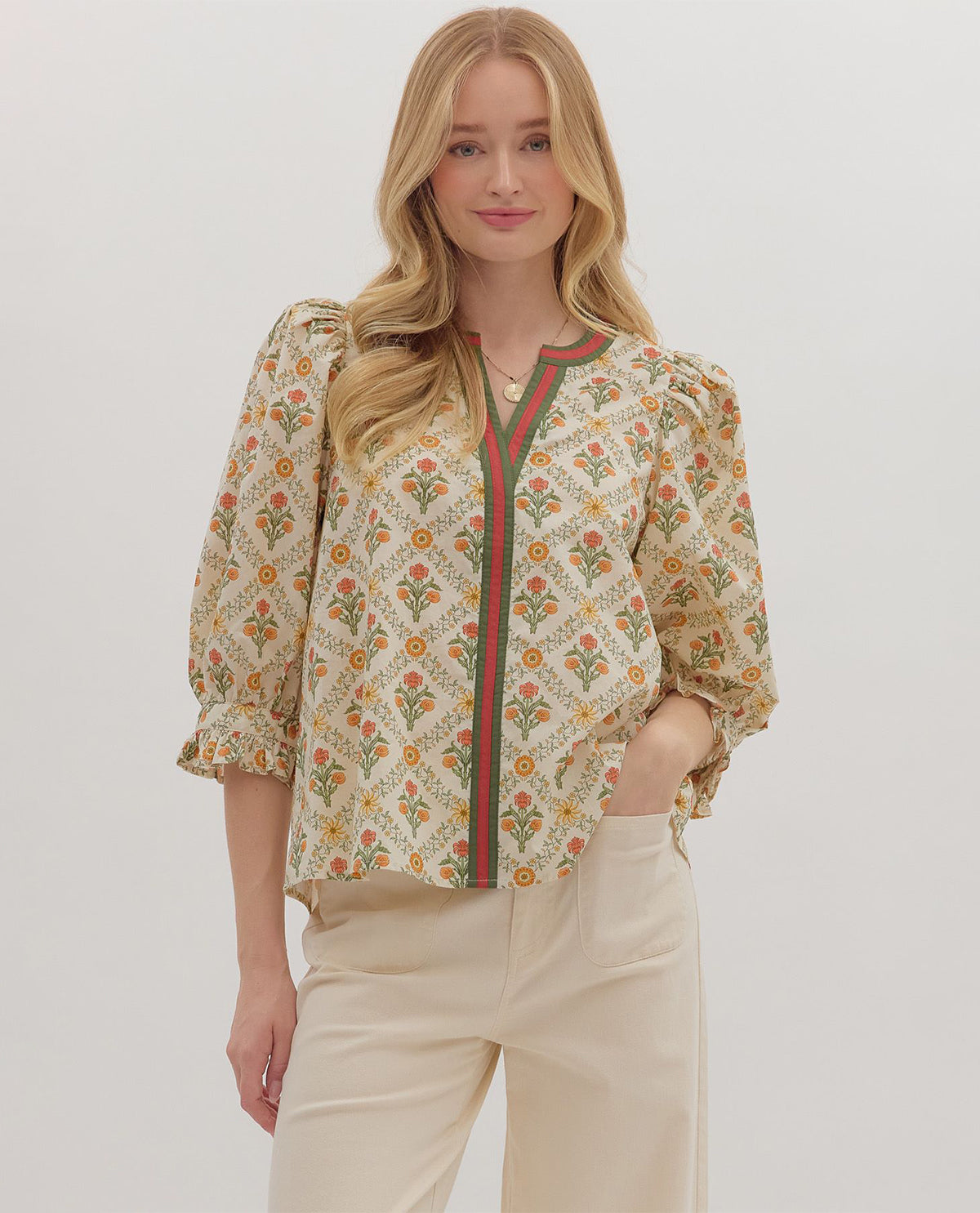 Entro Print Split Neck Top with Contrast