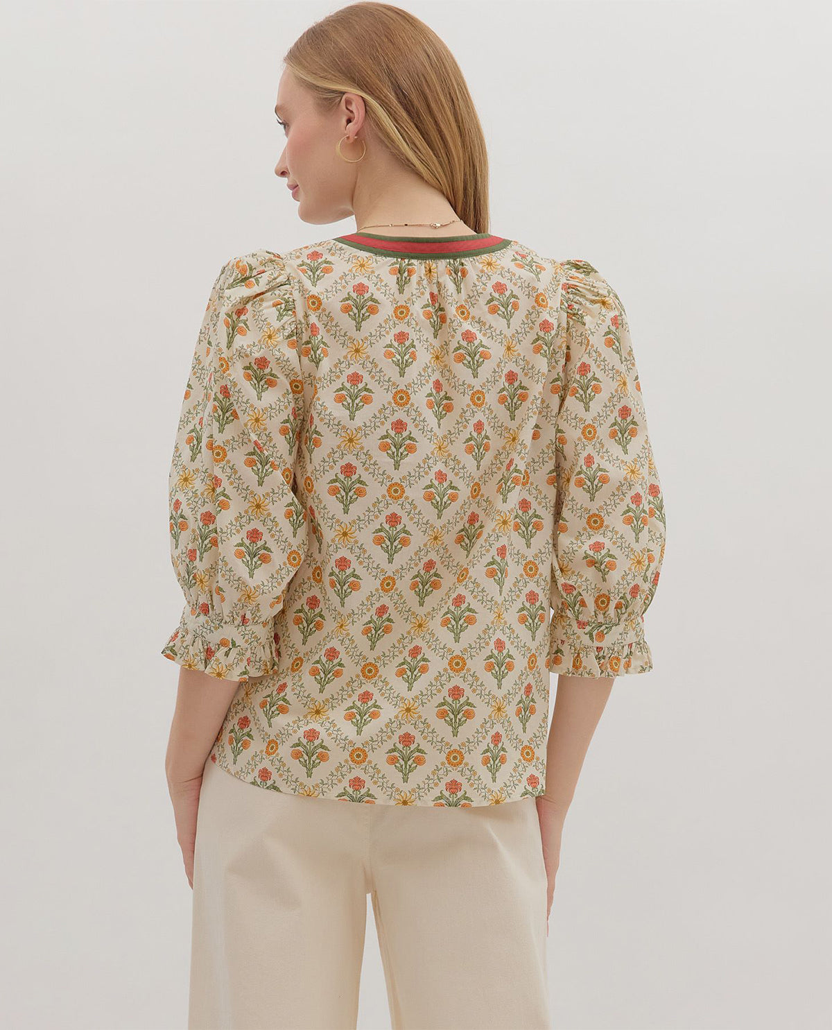 Entro Print Split Neck Top with Contrast
