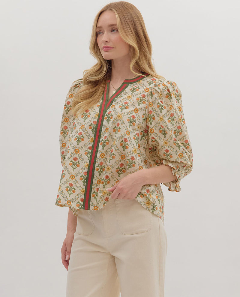 Entro Print Split Neck Top with Contrast