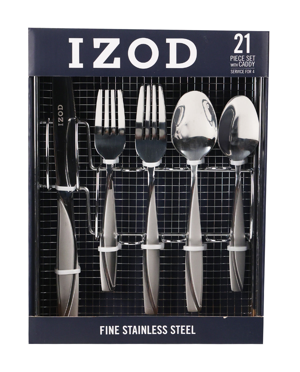 IZOD 21-piece stainless steel cutlery set in a black presentation box with a metal rack holding the utensils.