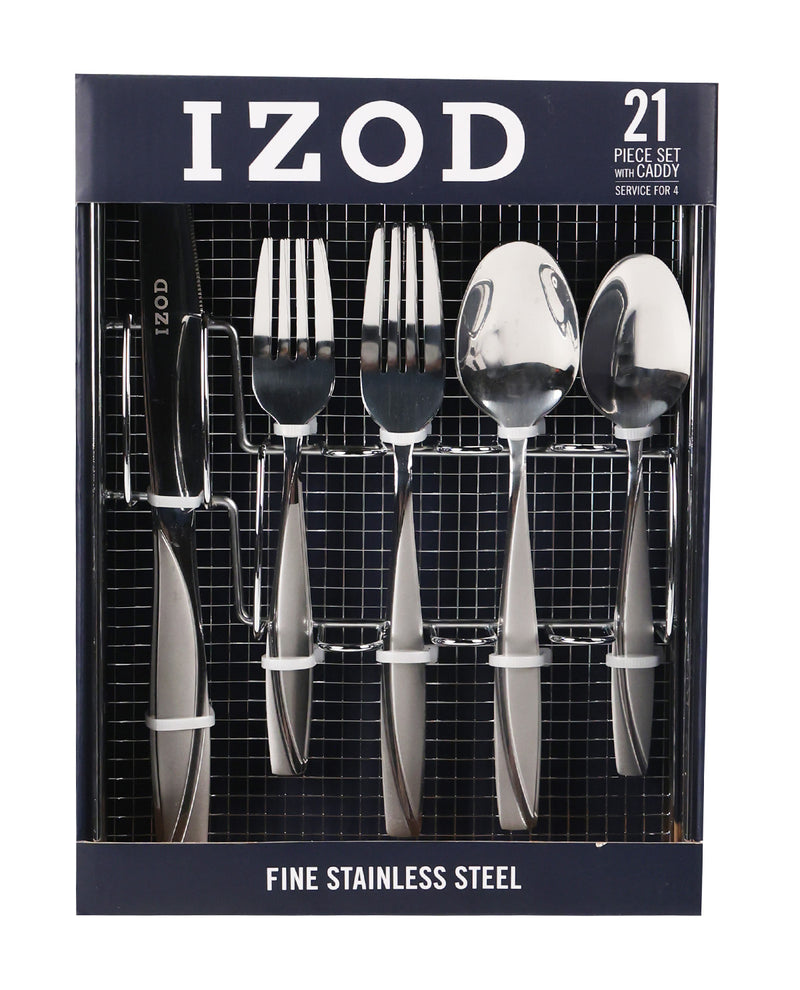 IZOD 21-piece stainless steel cutlery set in a black presentation box with a metal rack holding the utensils.