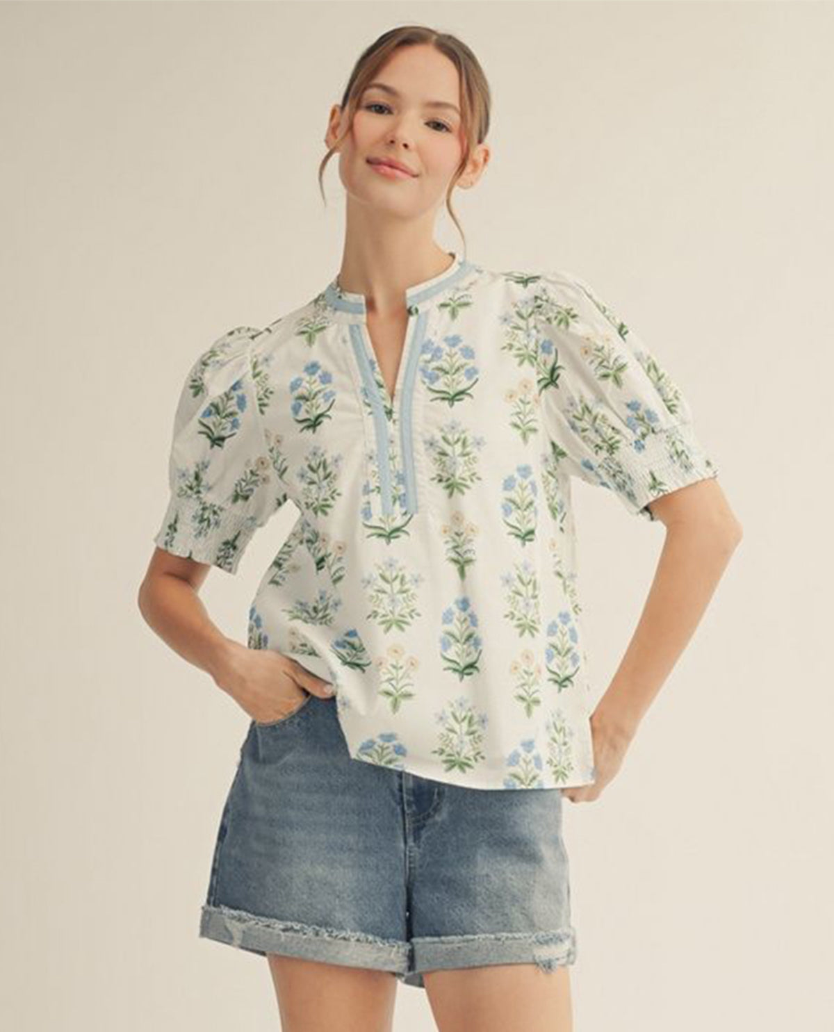 Jodifl Floral Print Puff Sleeve Top White