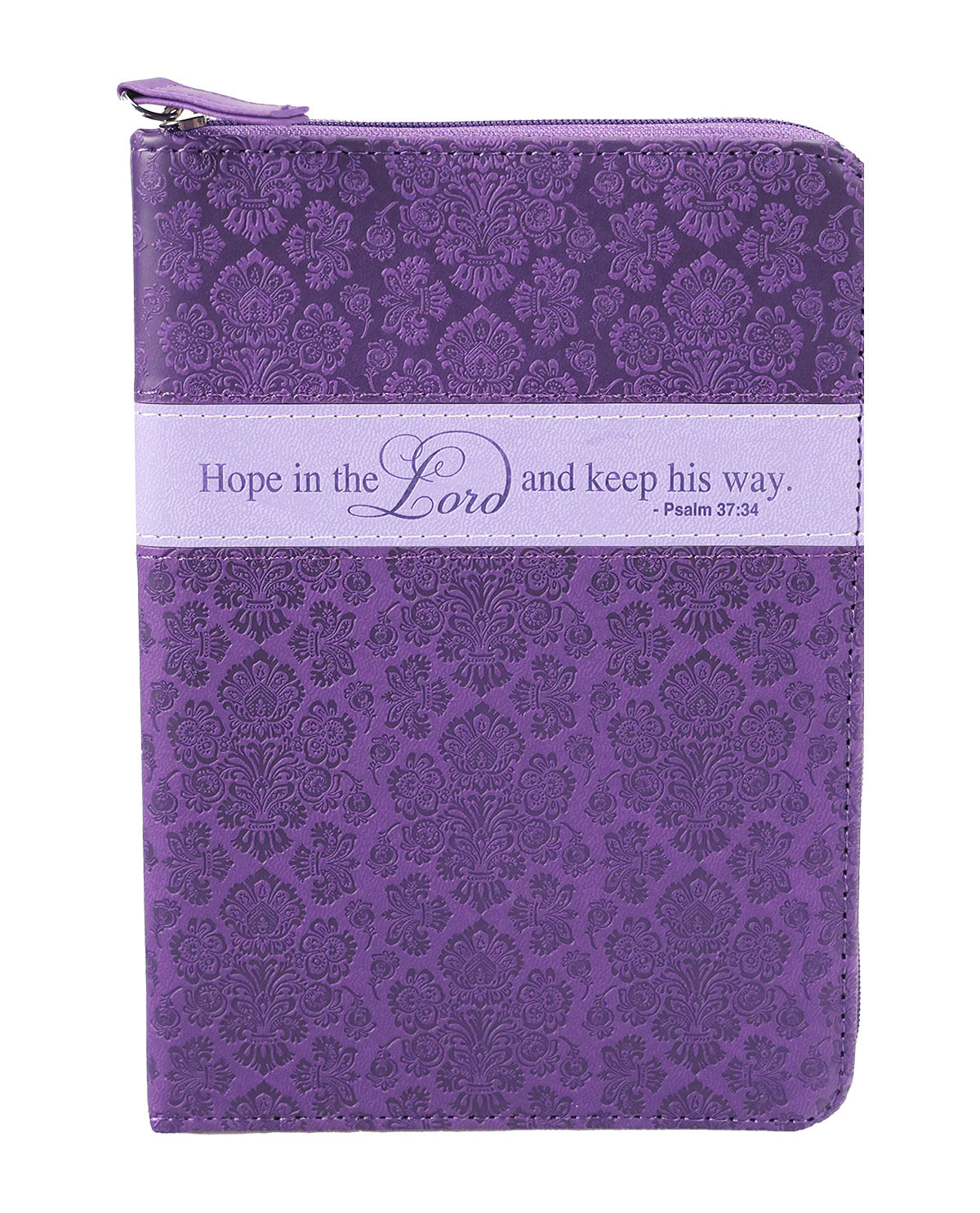 A purple zippered Bible journal with an embossed damask pattern, featuring a light purple horizontal band across the center with the printed quote 'Hope in the Lord and keep his way. Psalm 37:4'.