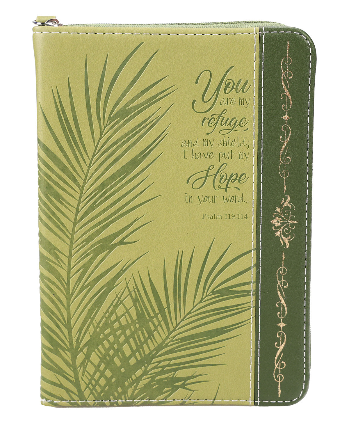 A zippered Bible journal with a green palm leaf design and a gold decorative border on the spine, featuring a Bible verse from Psalm 119:103.