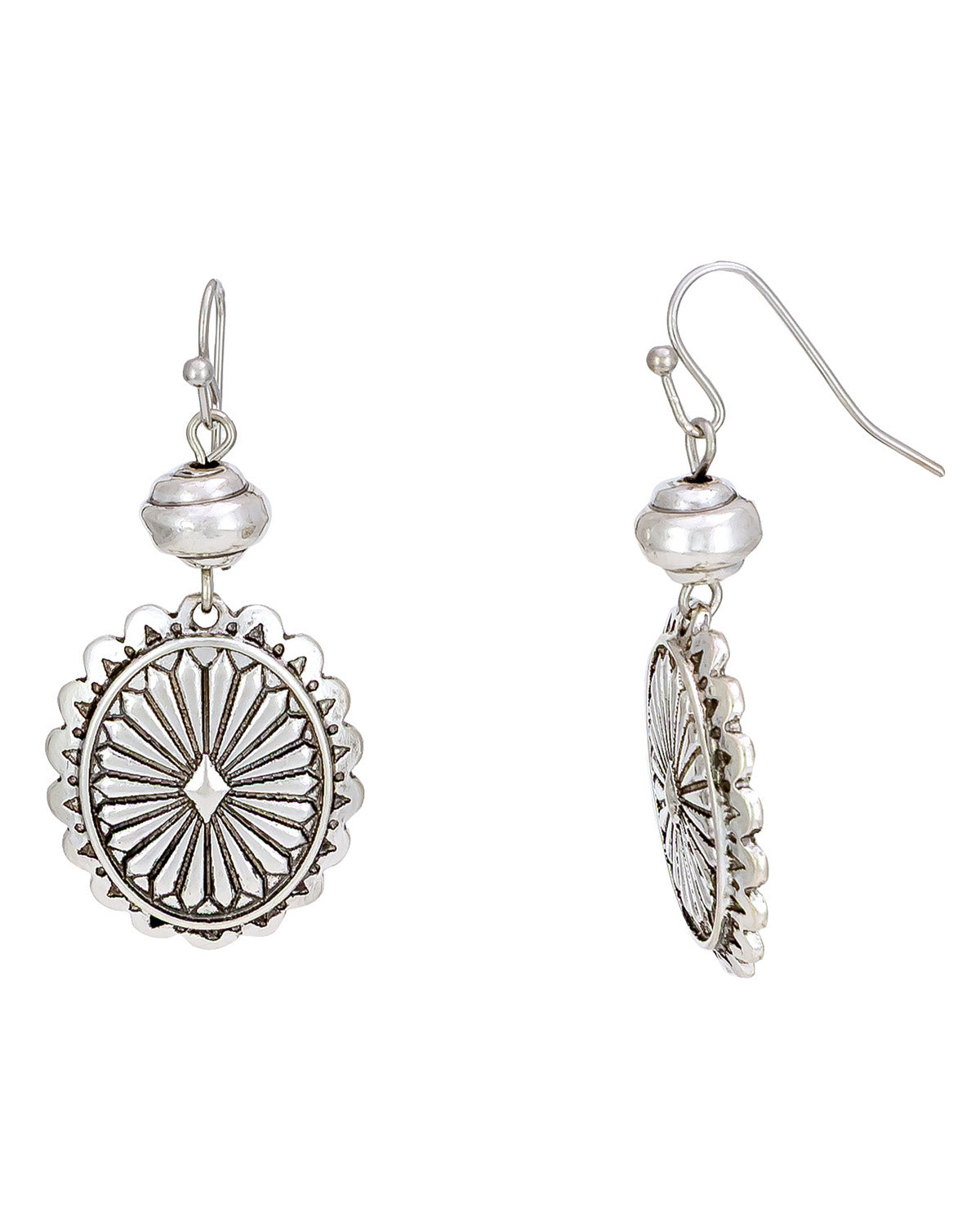 Silver Text Oval Disc Drop Earrings