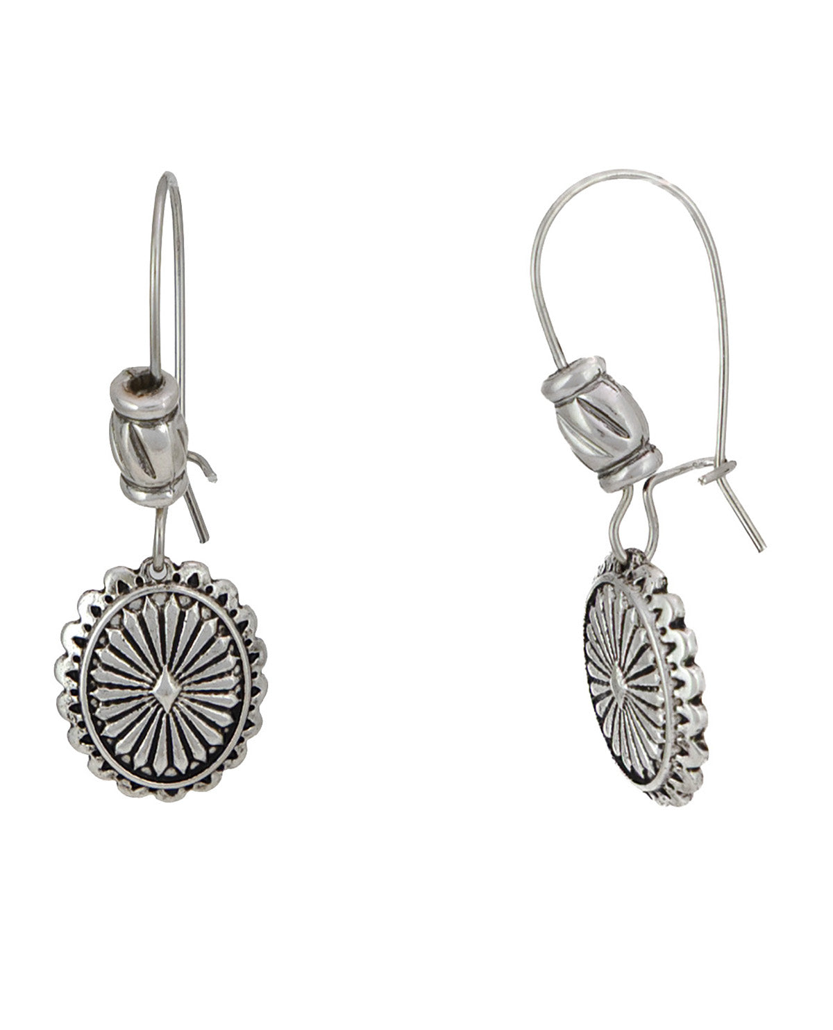 Silver Small Text Oval Disc Hook Earrings