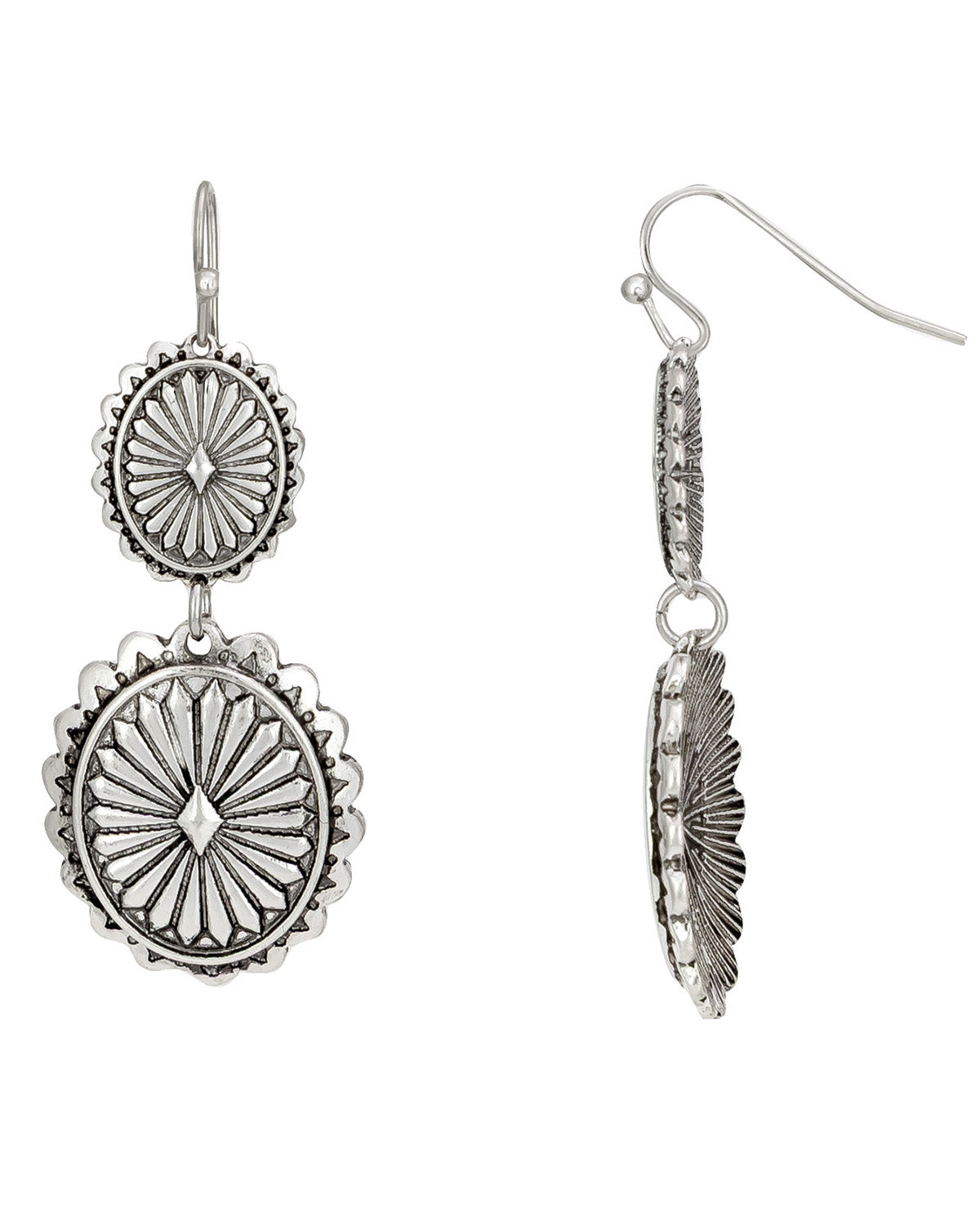 Silver Double Text Disc Drop Earrings