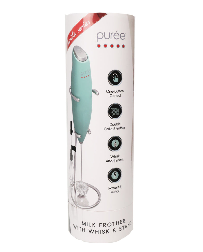 A tall cylindrical retail package for a Purée milk frother with whisk and stand, shown on a plain white background. The package is white with a printed photo of the frother in mint green and black feature icons.
