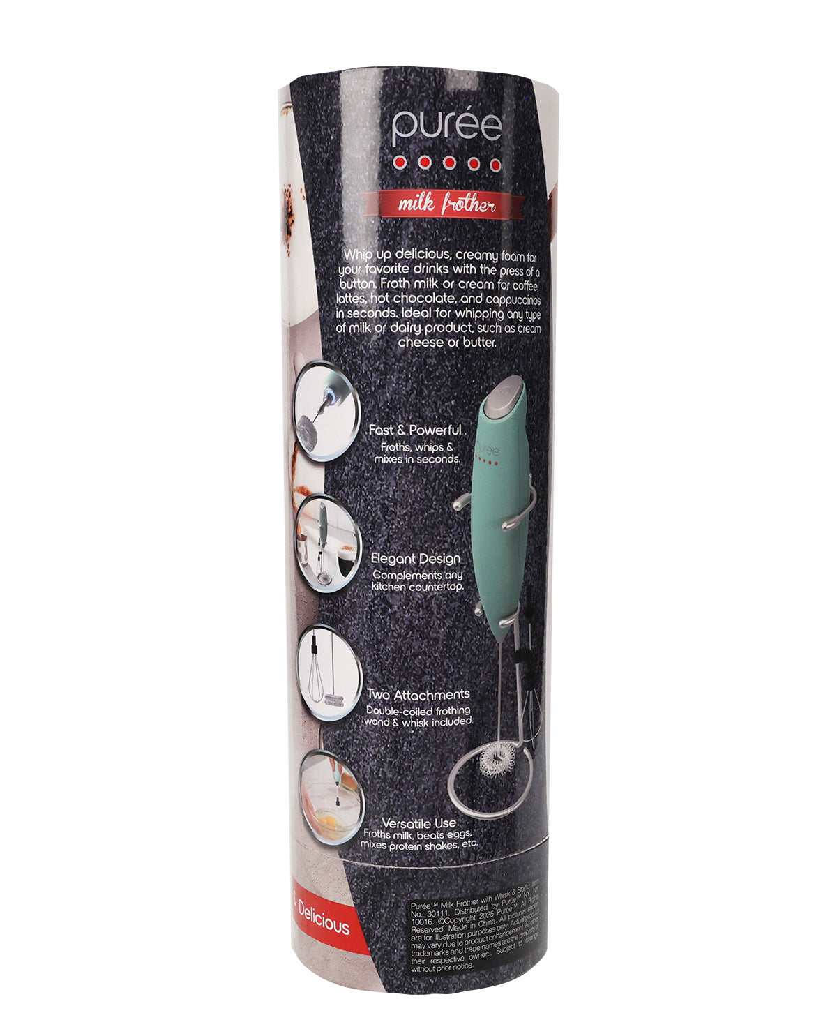 Puree Milk Father electric milk frother in its retail packaging, featuring a dark gray and black cylindrical sleeve with product details and a photo of the mint green frother.