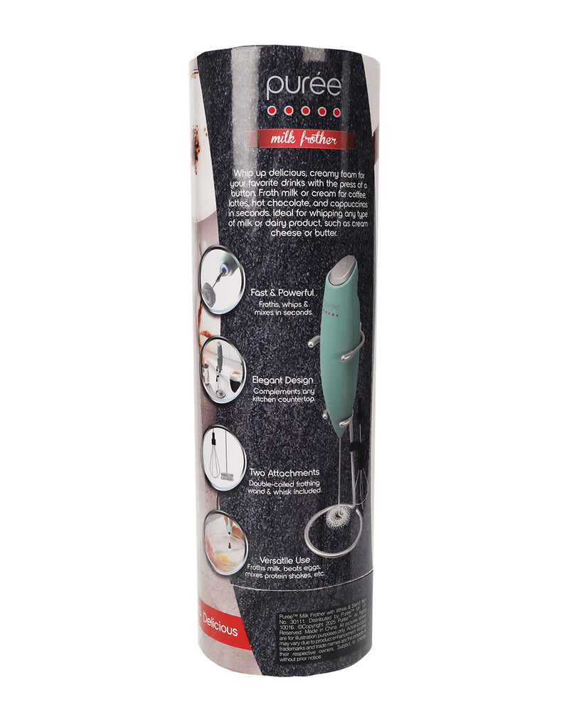 Puree Milk Father electric milk frother in its retail packaging, featuring a dark gray and black cylindrical sleeve with product details and a photo of the mint green frother.