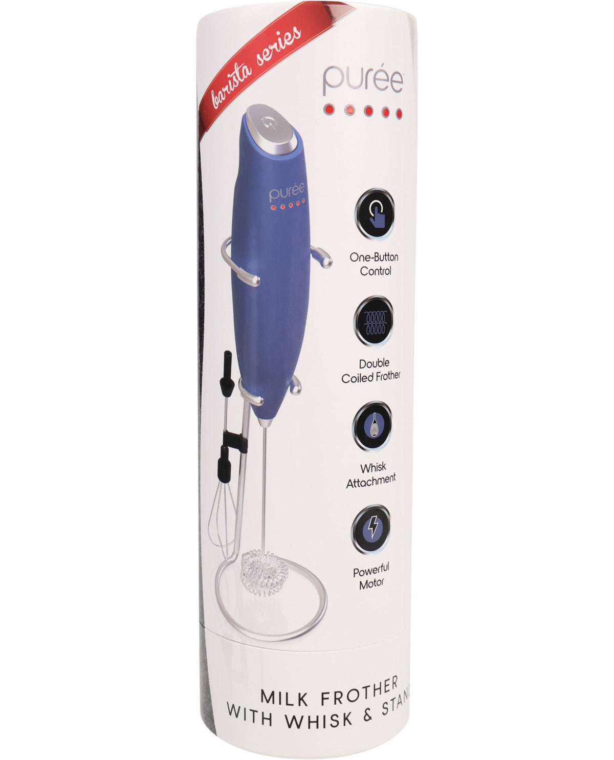 Blue milk frother with whisk attachment in a white box packaging