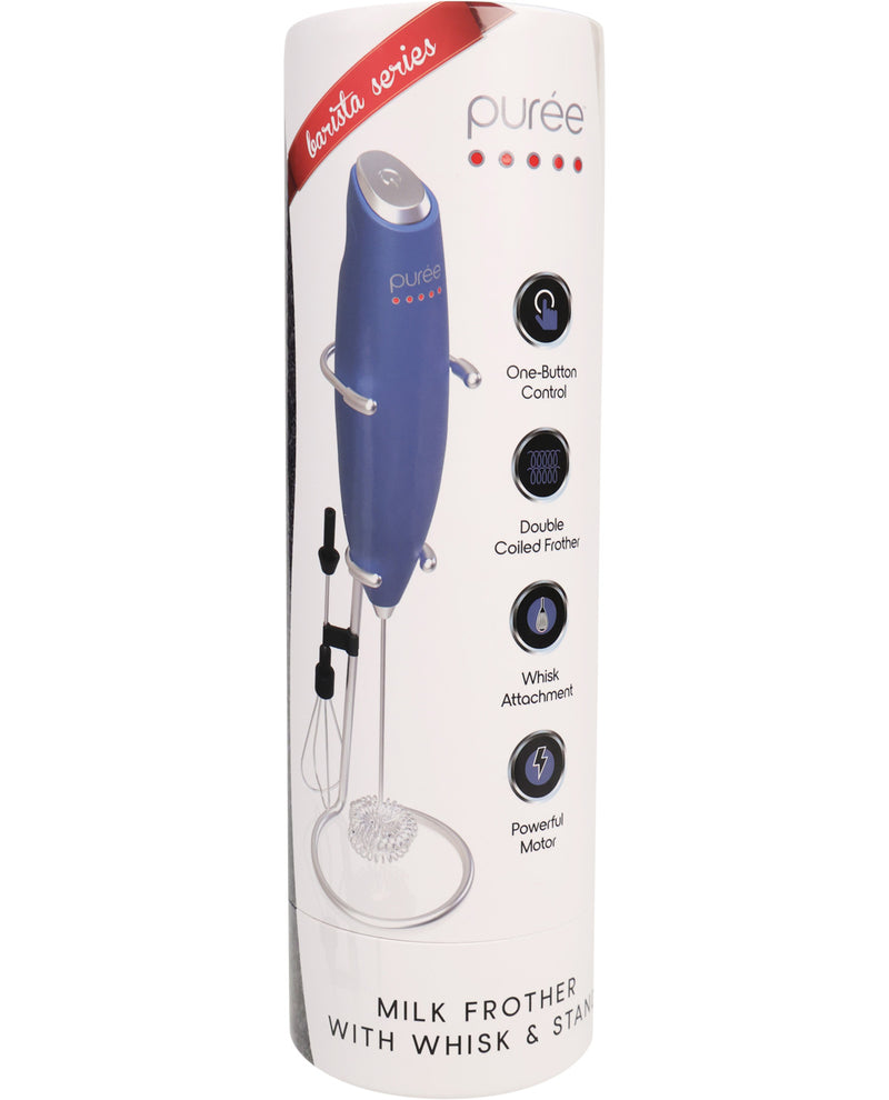 Blue milk frother with whisk attachment in a white box packaging