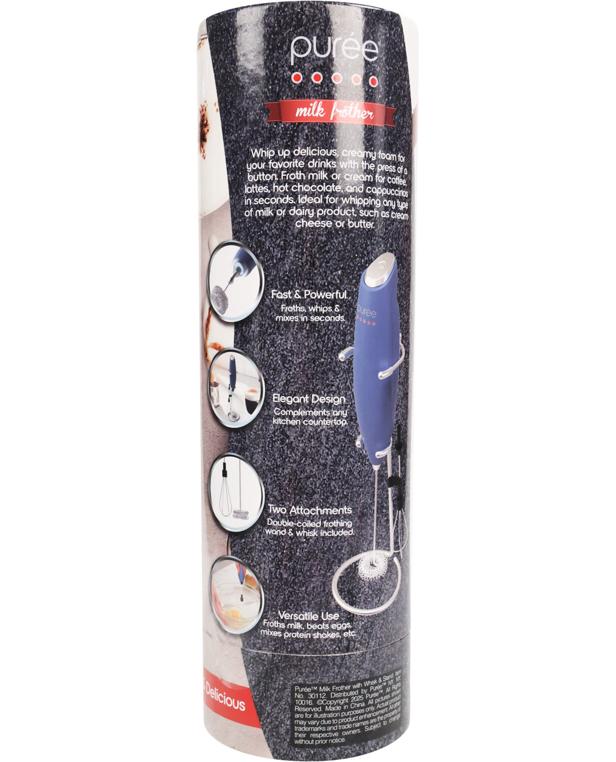 Packaging of a milk frother with branding and product features on a white background