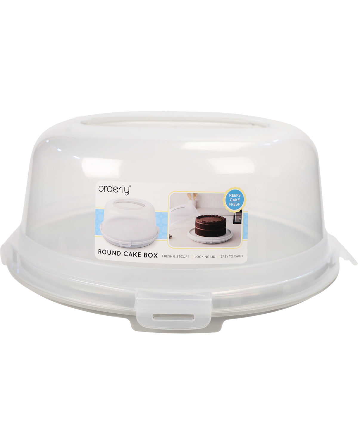Orderly brand clear plastic round cake box with a fitted lid, shown on a plain white background.