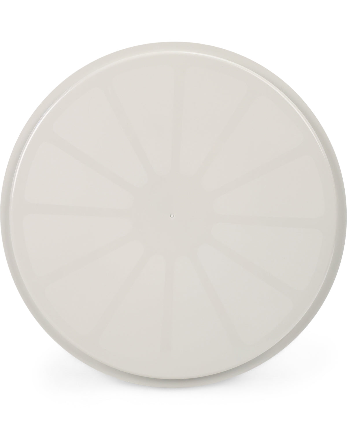 A round, off-white plastic lid with a radial sunburst pattern, shown from a top-down perspective on a white background.