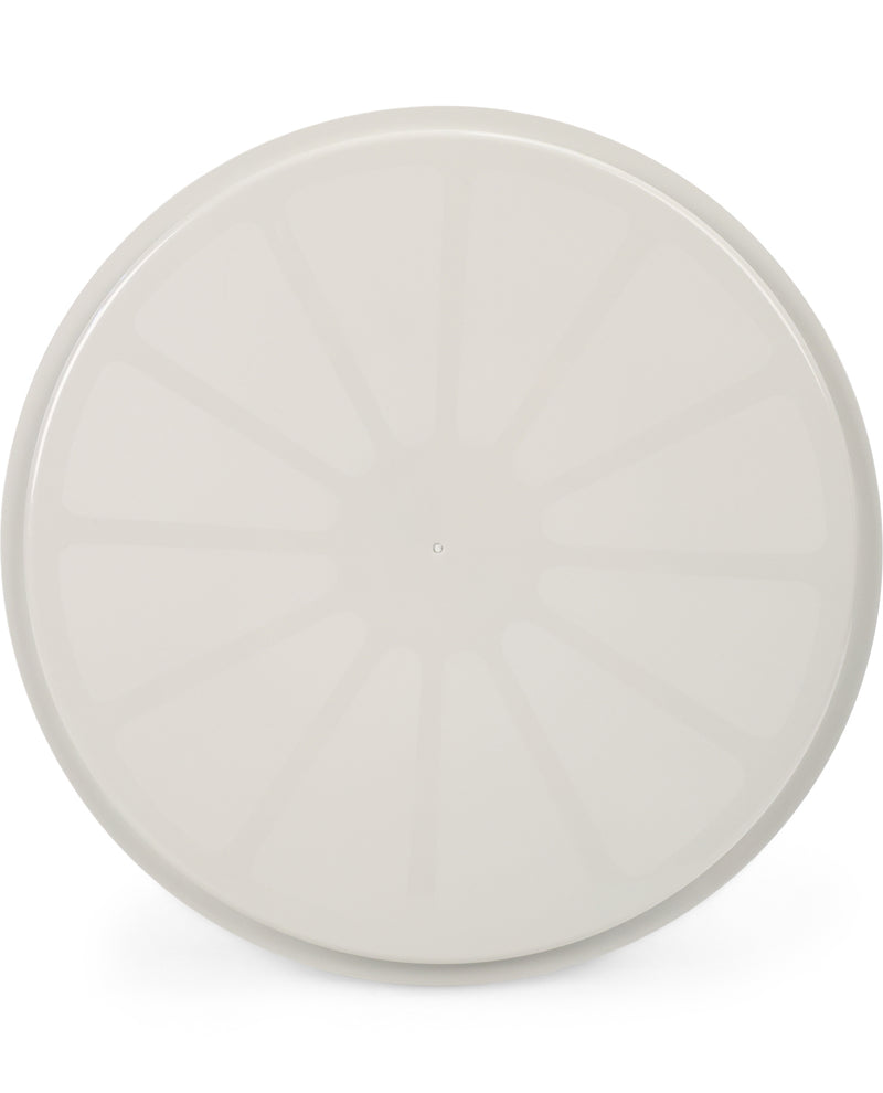 A round, off-white plastic lid with a radial sunburst pattern, shown from a top-down perspective on a white background.
