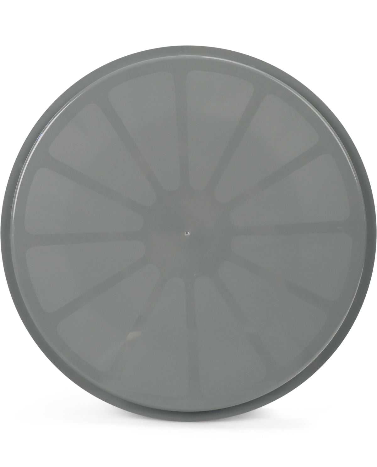 A round gray plastic table or patio umbrella top viewed from directly above on a white background.