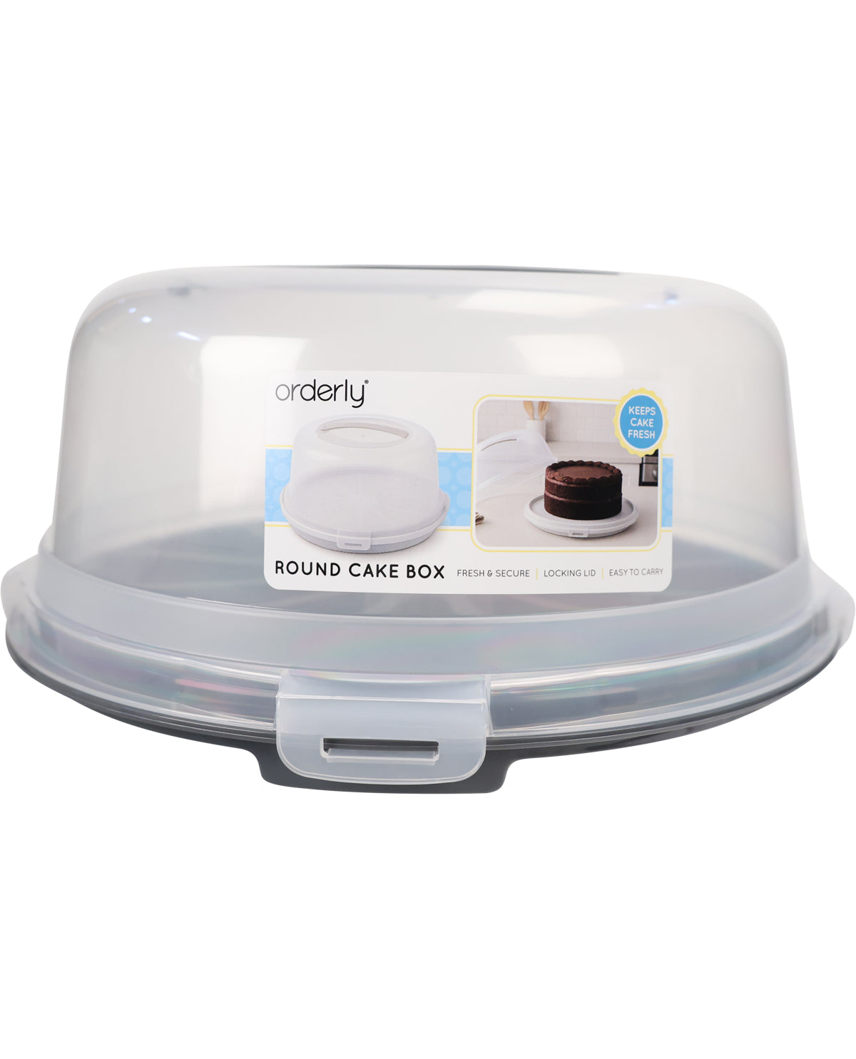 A clear plastic round cake box with a hinged lid and a printed product label on the front, shown on a plain white background.