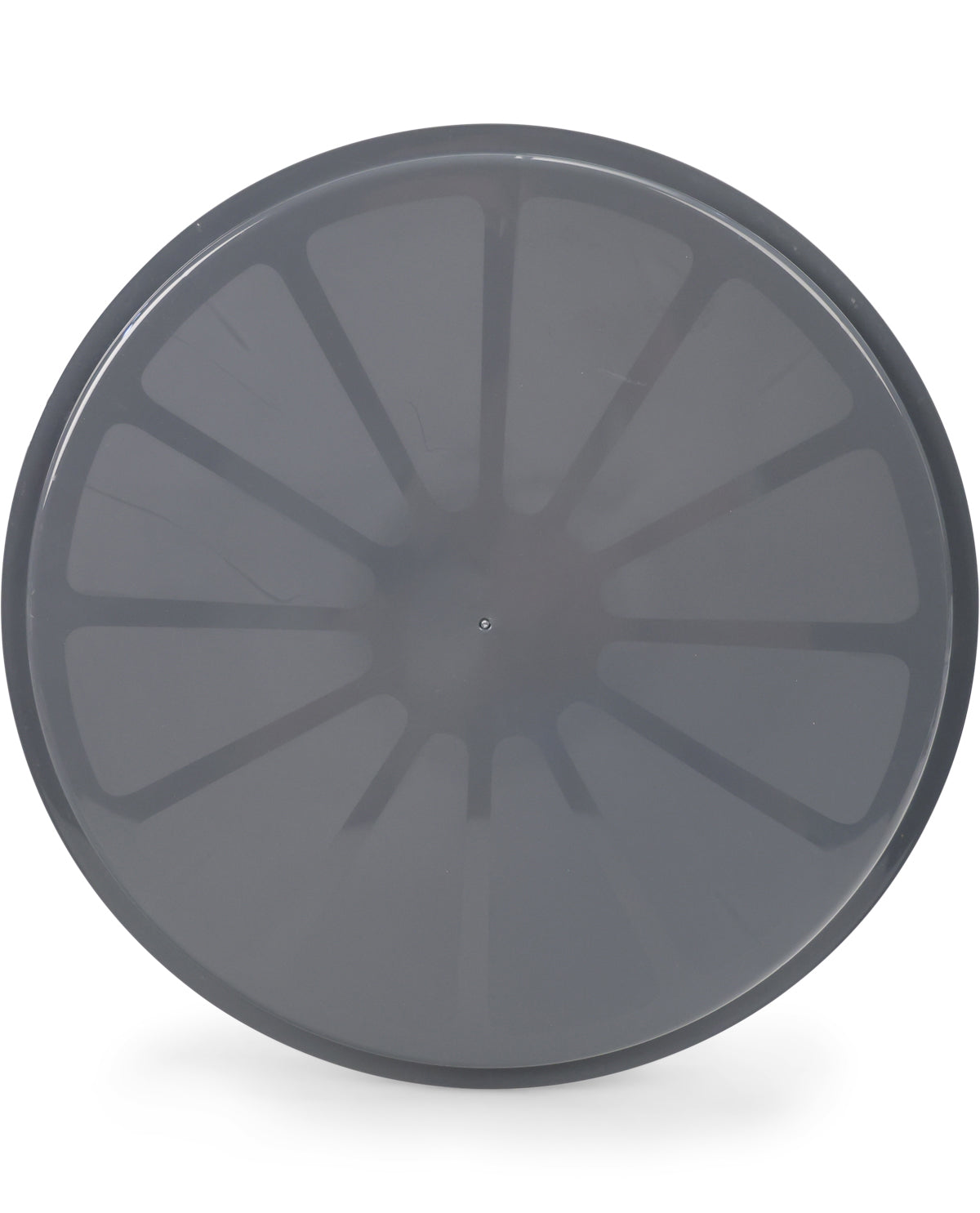 A dark gray circular plastic tray or plate with a radial segmented design, shown from a top-down view on a white background.
