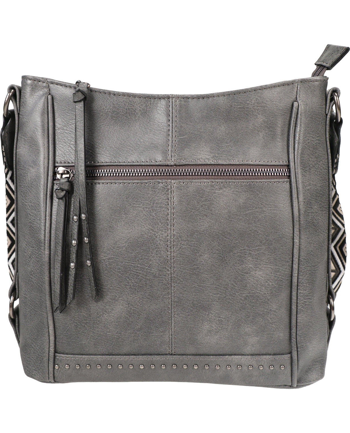 A gray faux-leather shoulder bag with a top zipper, front slip pocket, tassel detail, and a patterned strap, shown against a plain white background.