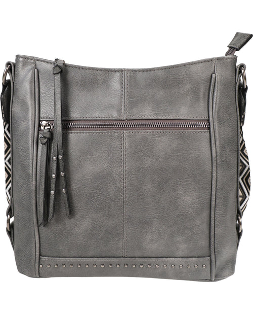 A gray faux-leather shoulder bag with a top zipper, front slip pocket, tassel detail, and a patterned strap, shown against a plain white background.
