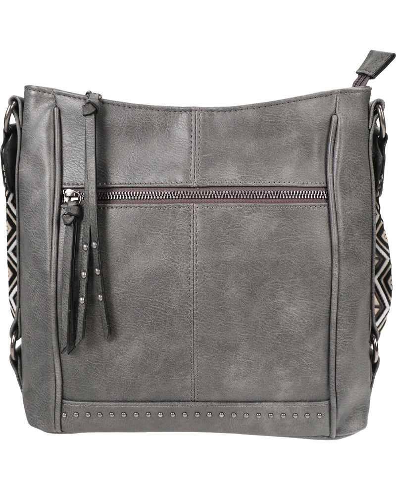 A gray faux-leather shoulder bag with a top zipper, front slip pocket, tassel detail, and a patterned strap, shown against a plain white background.